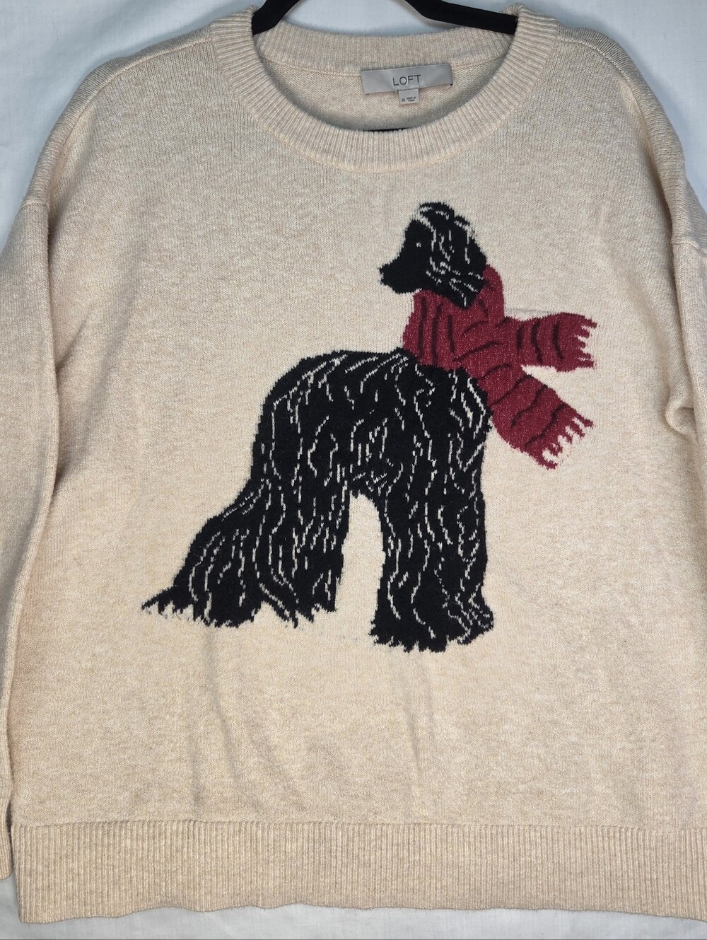 Loft Cream Afghan Hound Dog Red Scarf Sweater Cotton Blend Pullover Sz M Soft